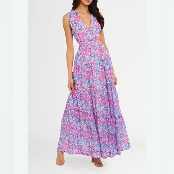 NICHOLAS ORCHID FLORAL LINED MAX SIZE 10 PINK BLUE A-LINE SLEEVELESS DRESS - Picture 4 of 13